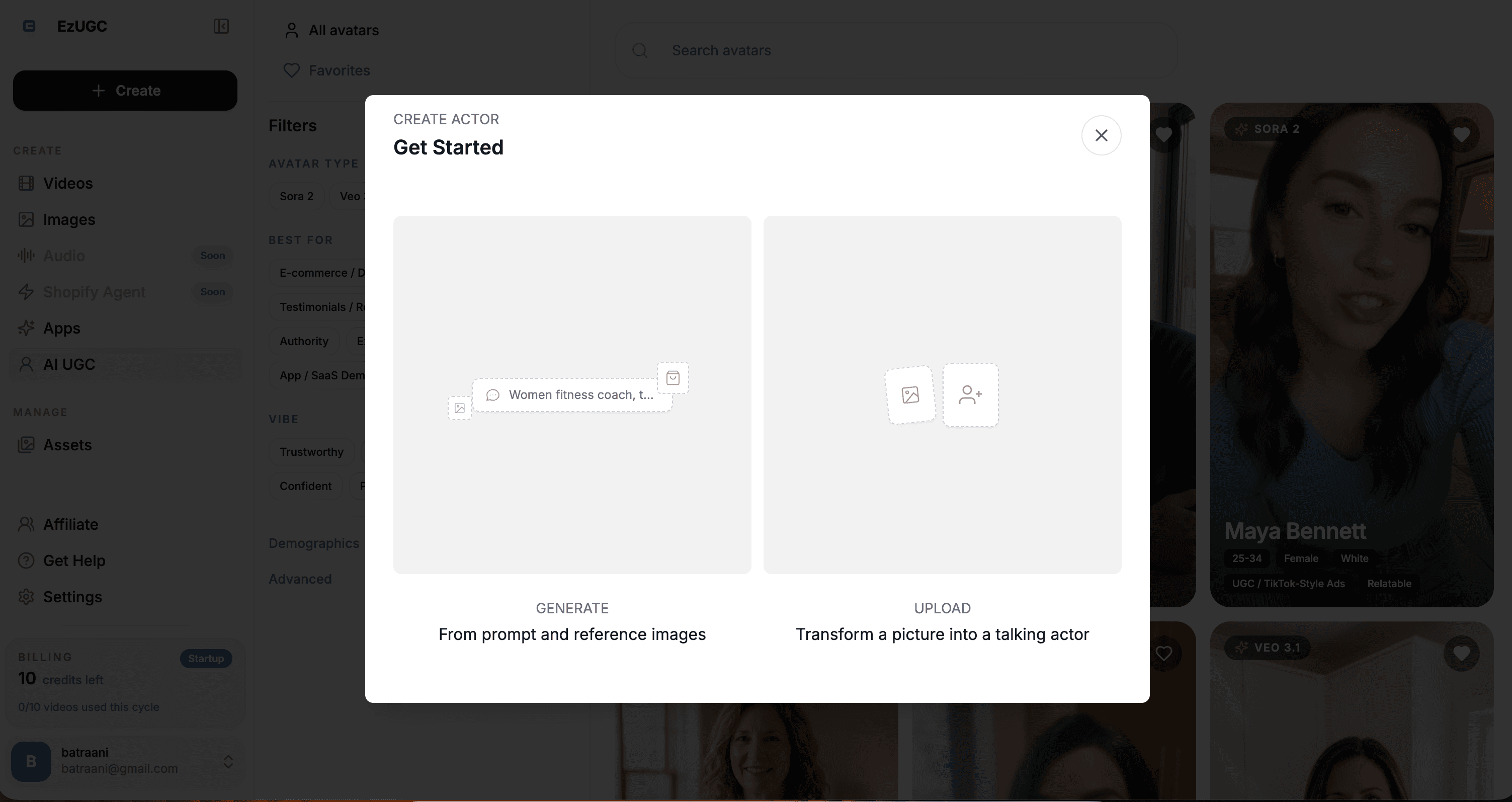 EzUGC create-actor modal for generating or uploading a custom talking actor
