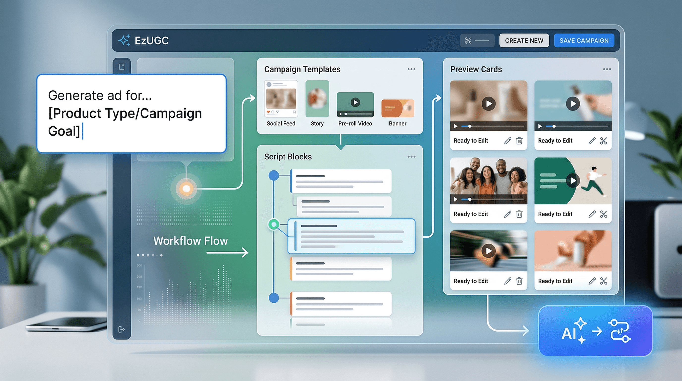 Workflow and templates panel for prompt-driven ad creation